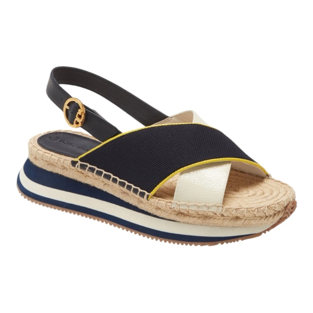Tory Burch Daisy Blue and White Platform Espadrille Sandals Size 9.5